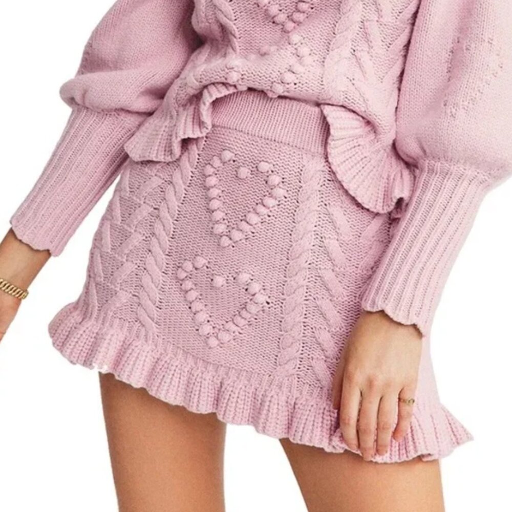 Loveshackfancy Brendana Pink Heart Cable Knit Skirt with Ruffle Trim